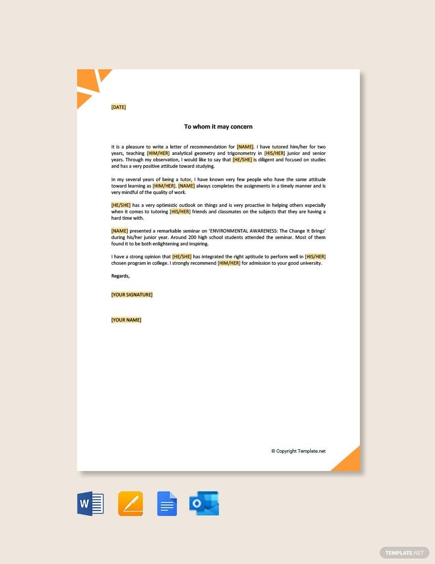 Free Personal Letter of Recommendation for College Template
