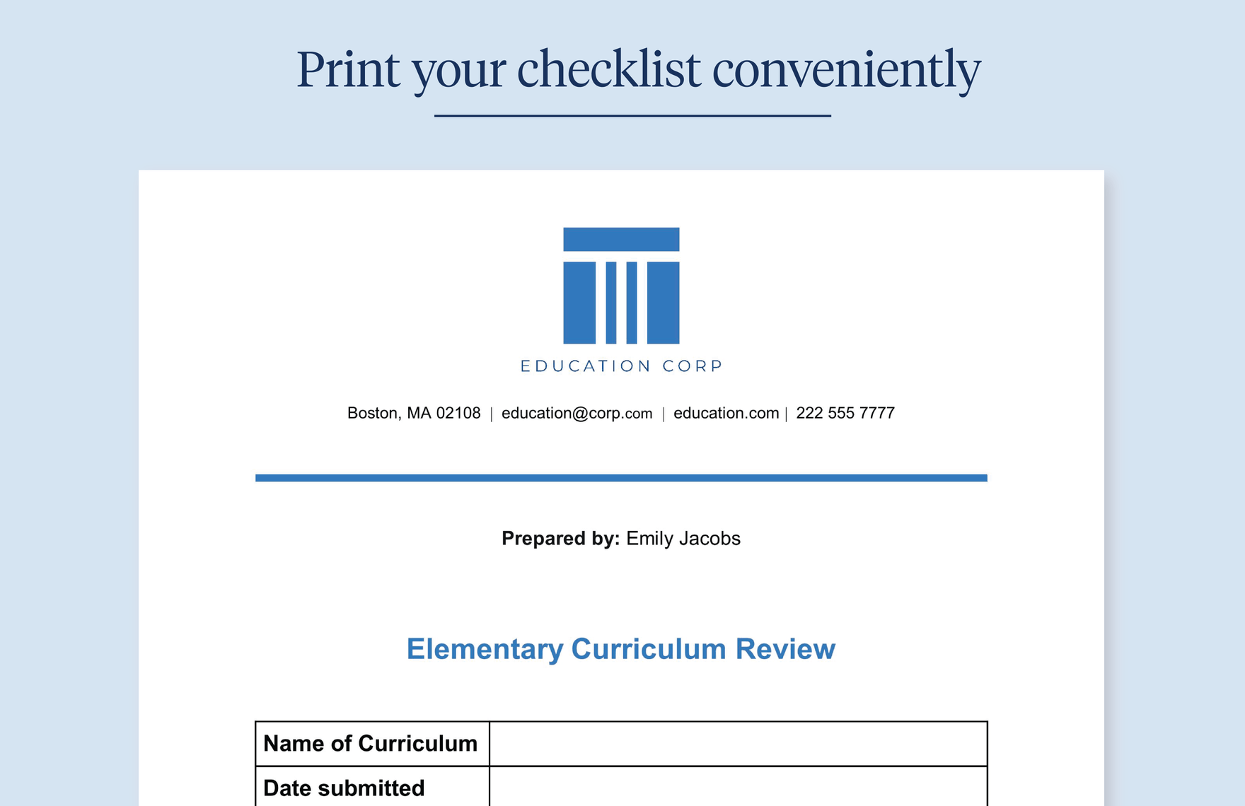 Elementary Curriculum Review Checklist