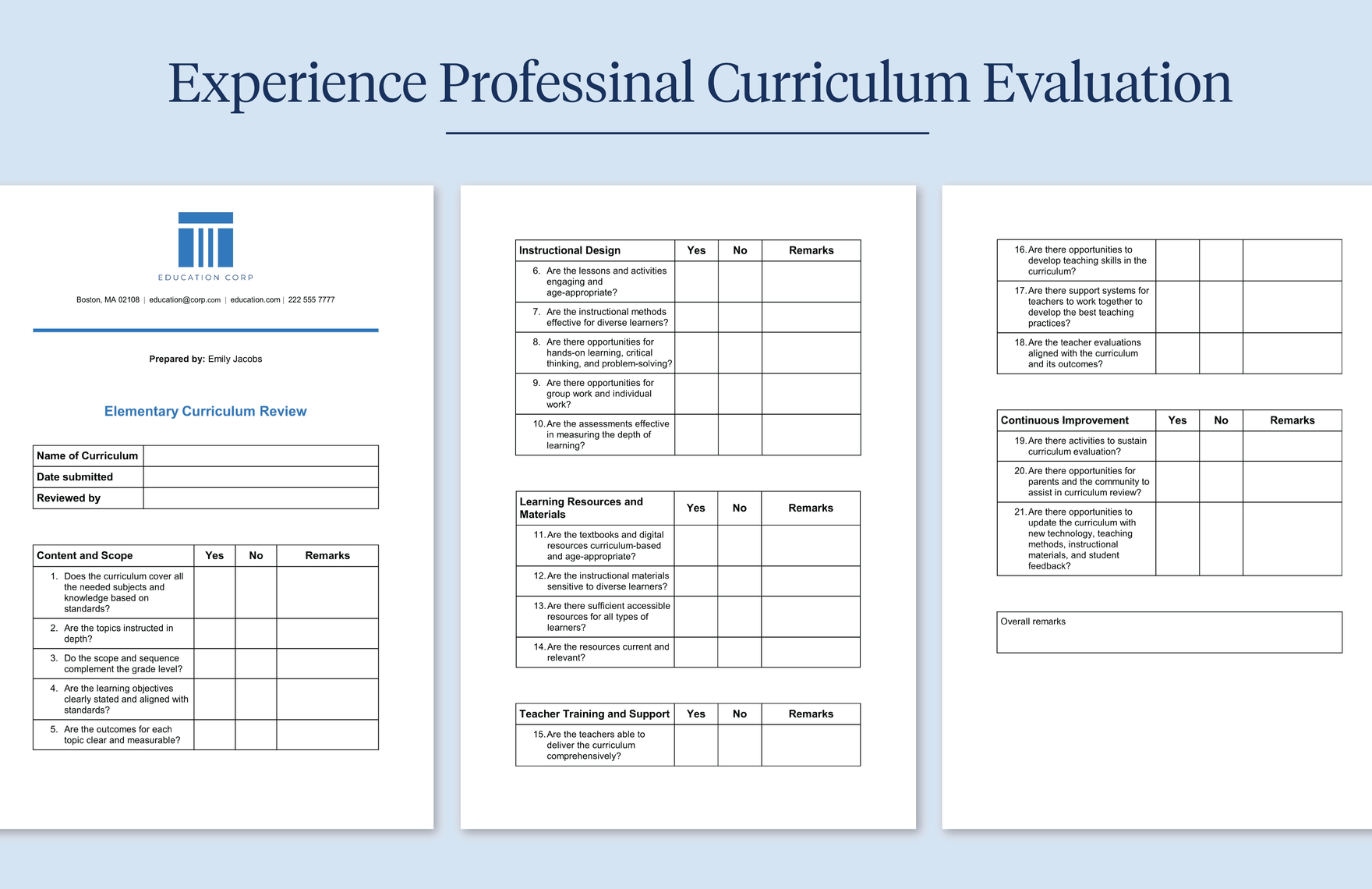 Elementary Curriculum Review Checklist