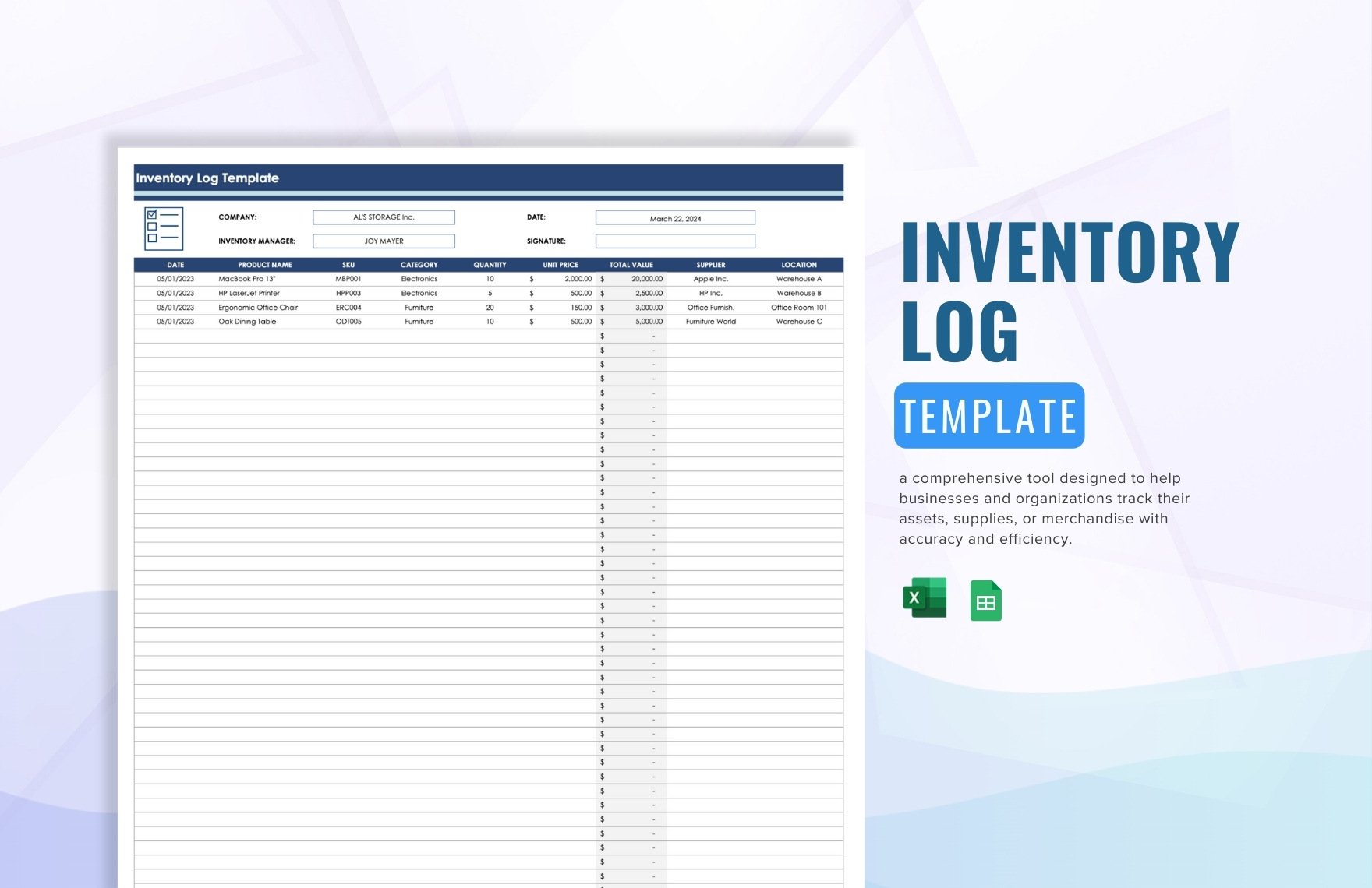 Inventory Log Template in Excel, Google Sheets