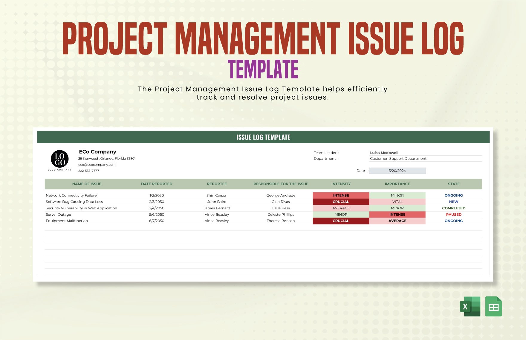 Project Management Issue Log Template