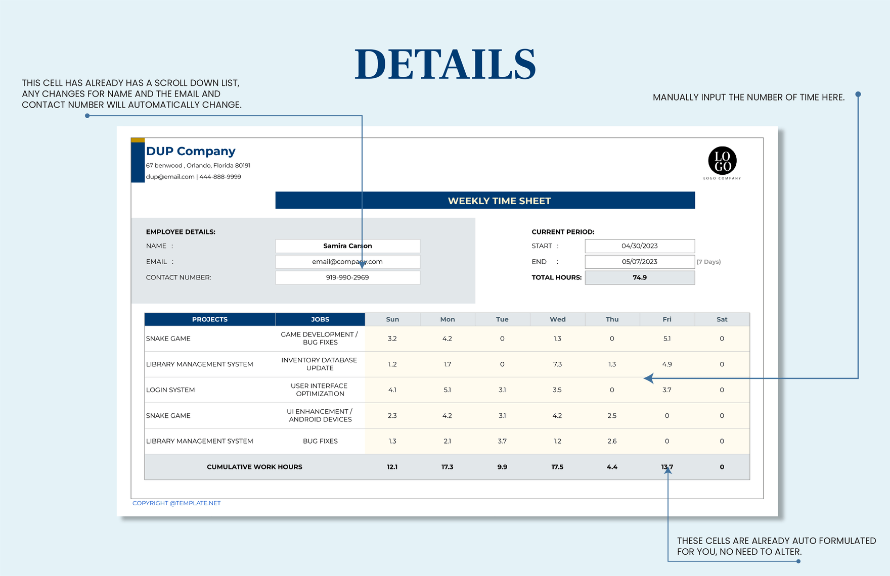 Project Time Tracking Template - Download in Excel, Google Sheets ...