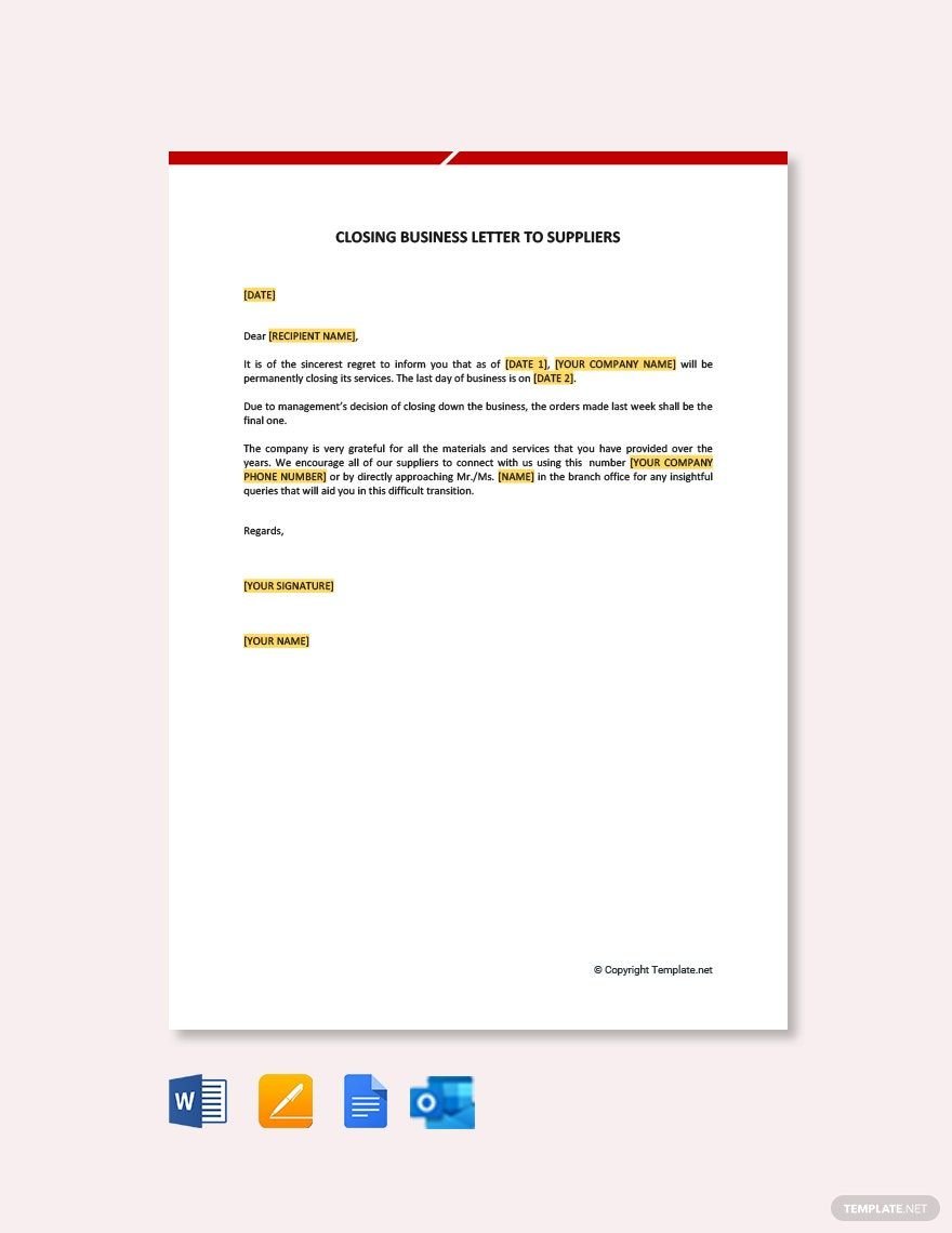 Free Closing Business Letter to suppliers Template