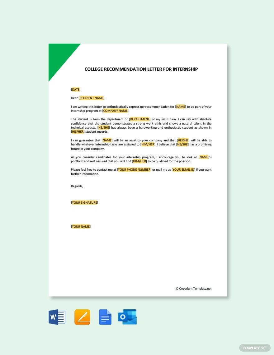 College Recommendation Letter for Internship Template