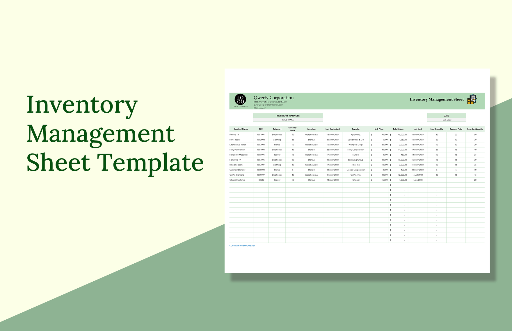 Inventory Management Sheet Template