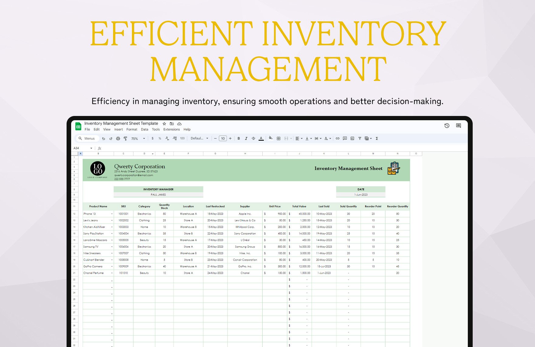 Inventory Management Sheet Template