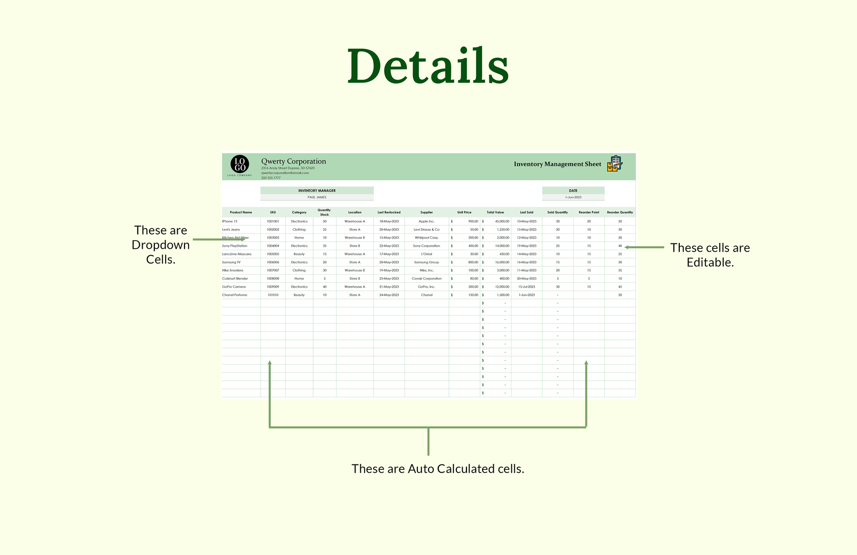 Inventory Management Sheet Template