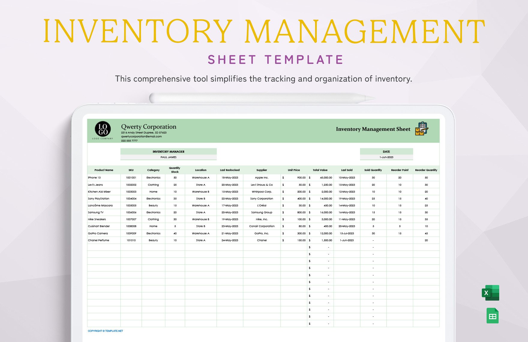 Inventory Management Sheet Template in Excel, Google Sheets