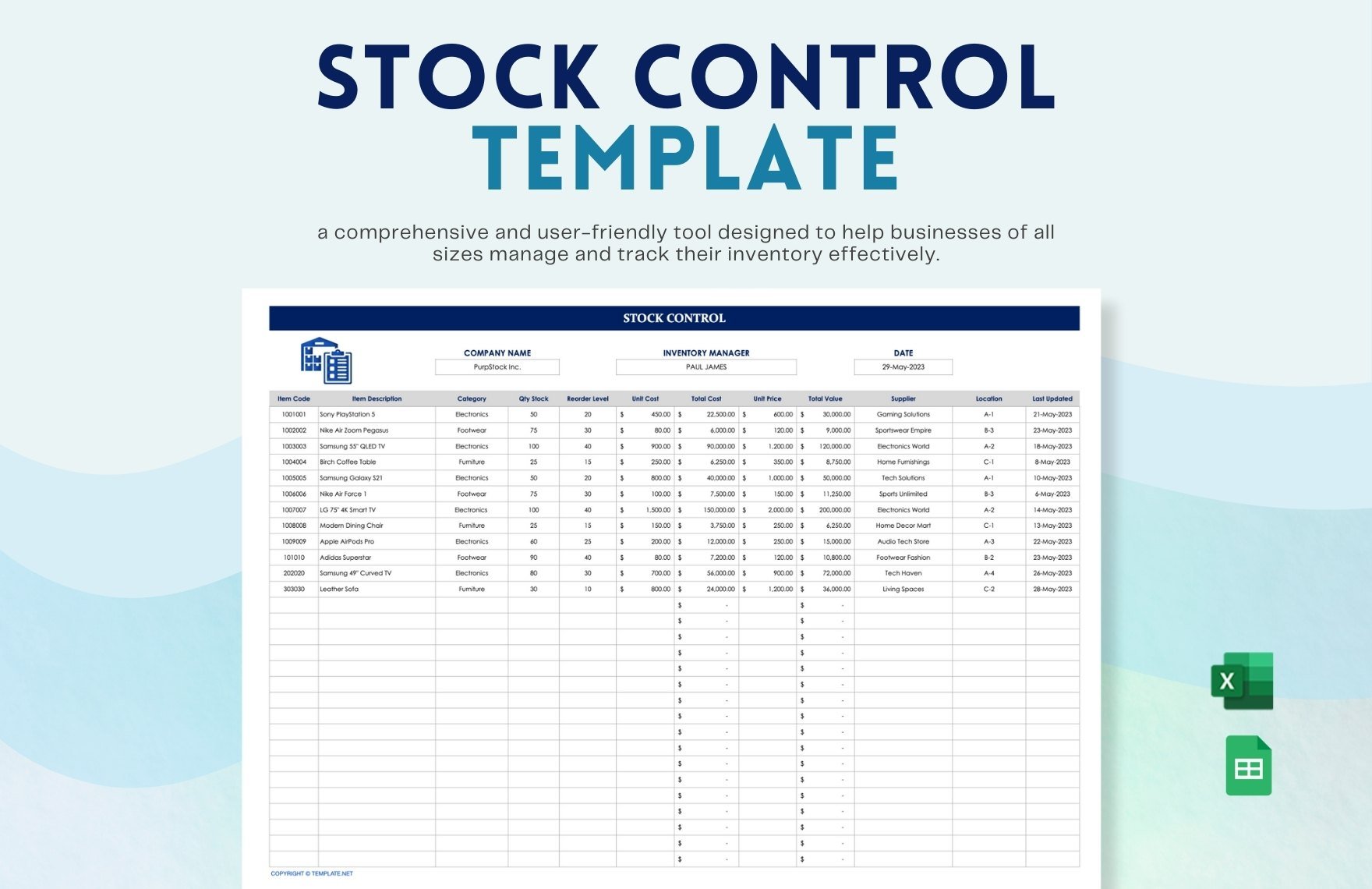 Stock Control Template in Excel, Google Sheets