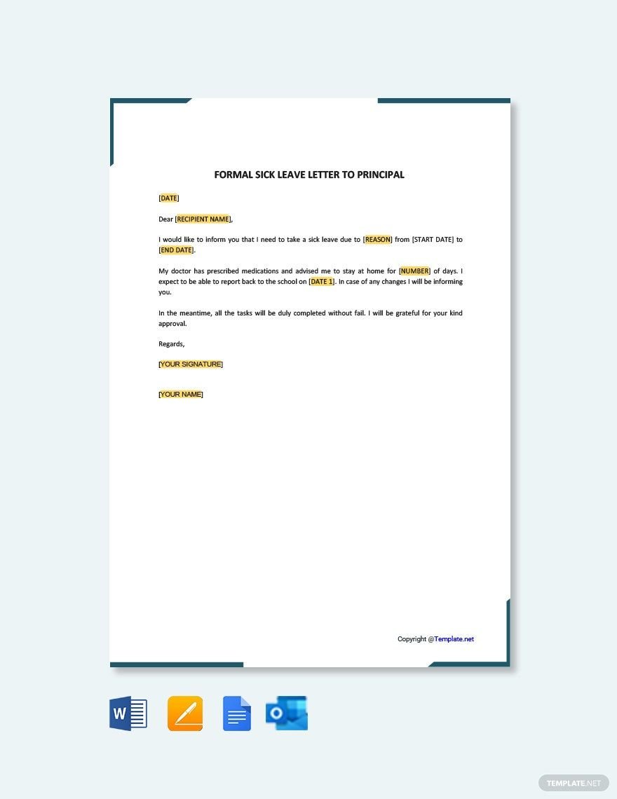 Formal Sick Leave Letter to Principal in Word, Google Docs, PDF, Apple Pages, Outlook