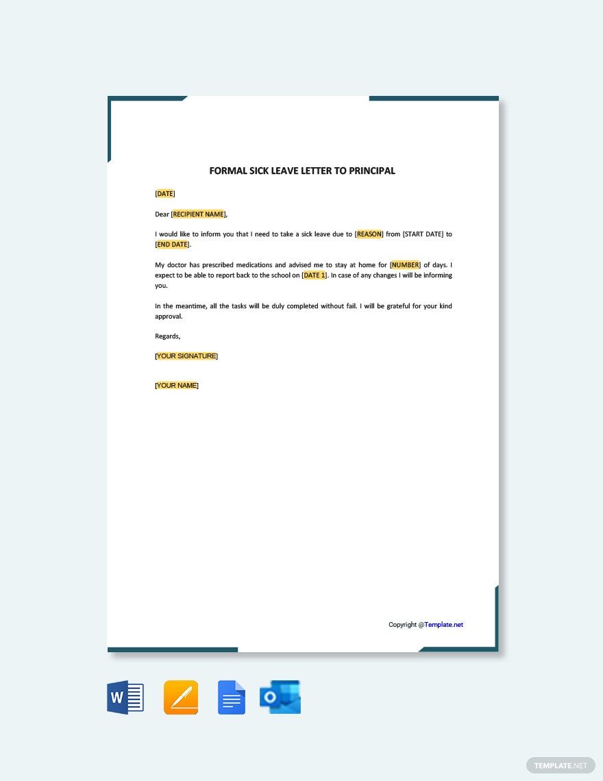 Formal Sick Leave Letter to Principal in Google Docs, Pages, Word, Outlook, PDF - Download | Template.net