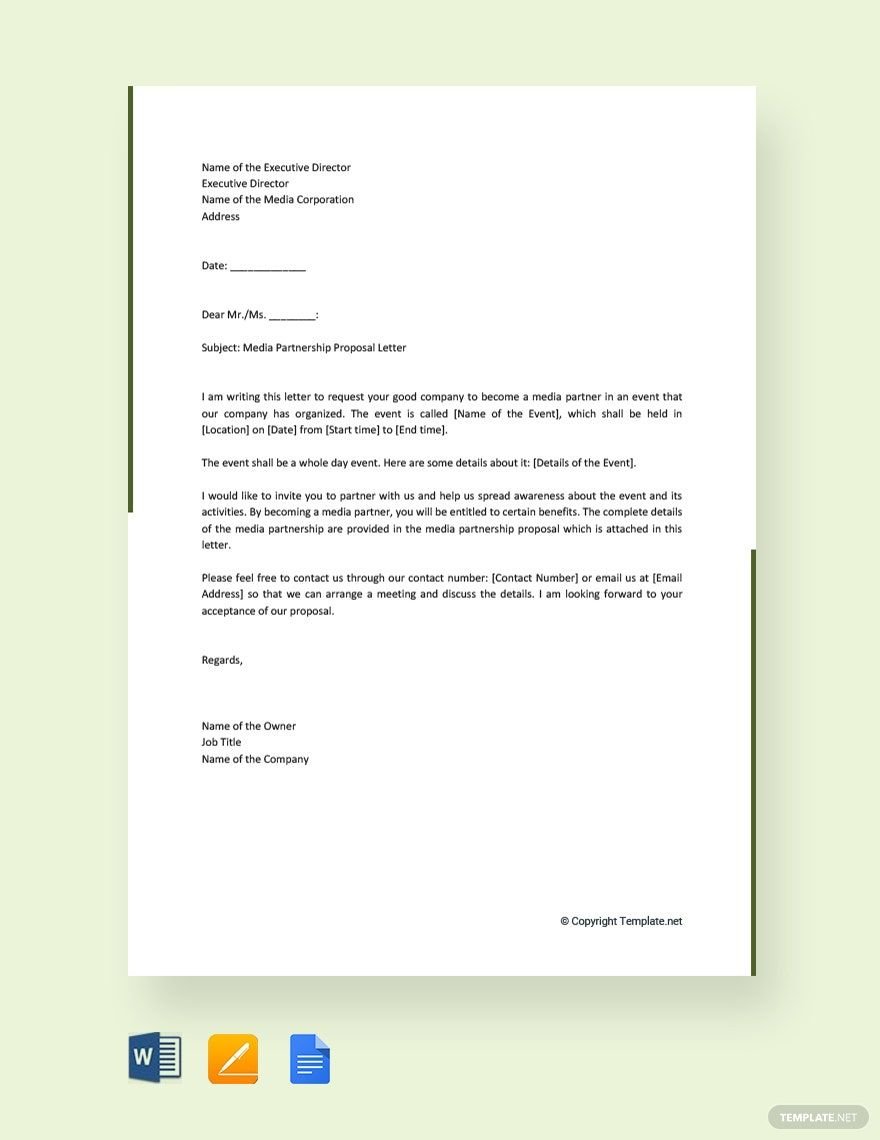 Simple Media Partnership Proposal Letter in Word, Google Docs, PDF, Apple Pages
