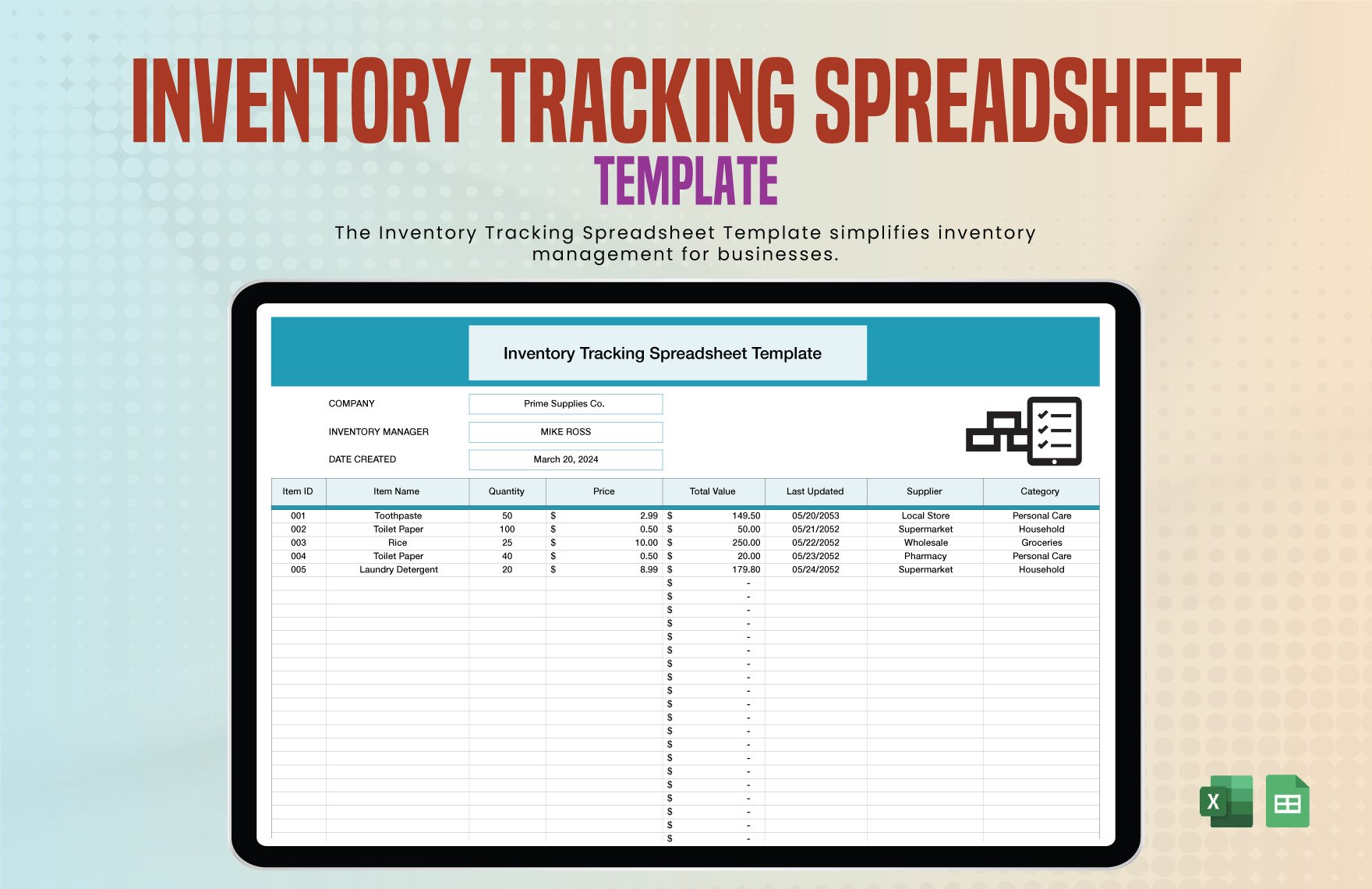 Inventory Tracking Spreadsheet Template in Excel, Google Sheets