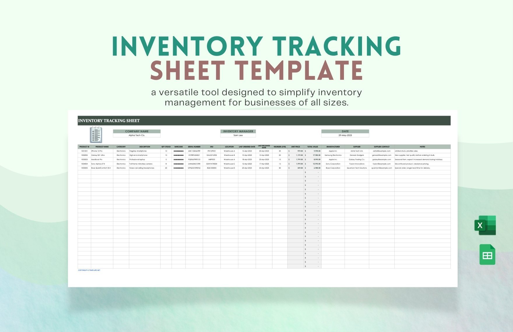 Inventory Tracking Sheet Template in Excel, Google Sheets