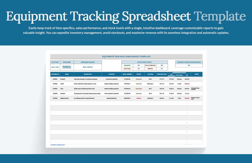 Equipment Tracking Spreadsheet Template