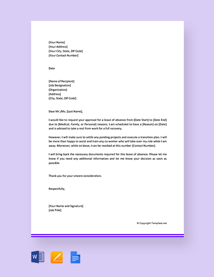 FREE Leave of Absence Letter Template - Word | Google Docs | Apple ...