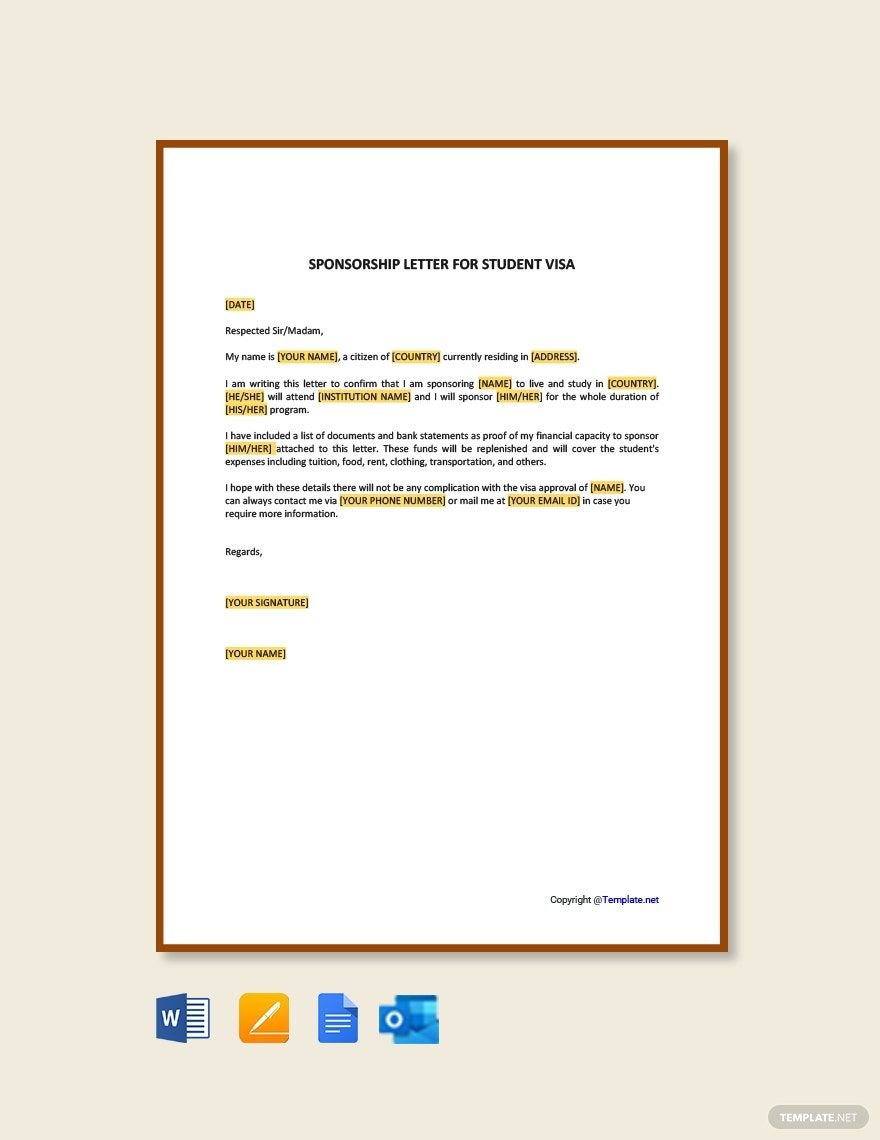 Sponsorship Letter for Student Visa in Word, Google Docs, PDF, Apple Pages, Outlook