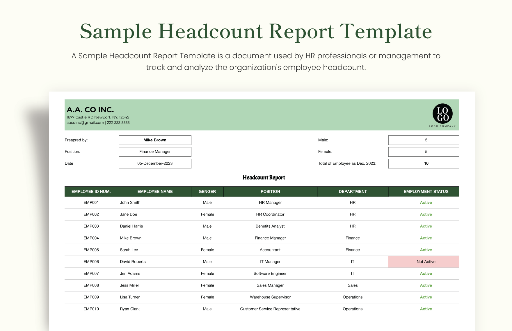 Free Sample Headcount Report Template in Excel, Google Sheets