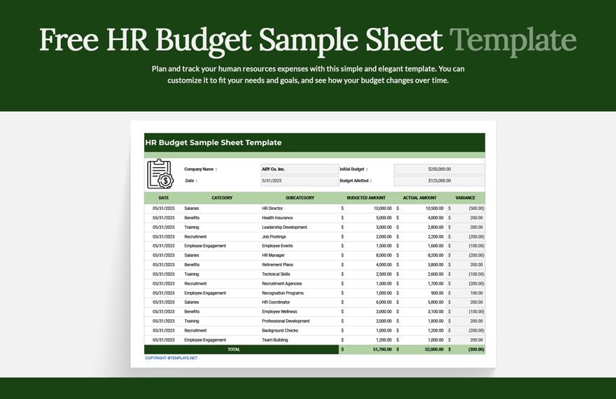 HR Budget Sample Sheet Template