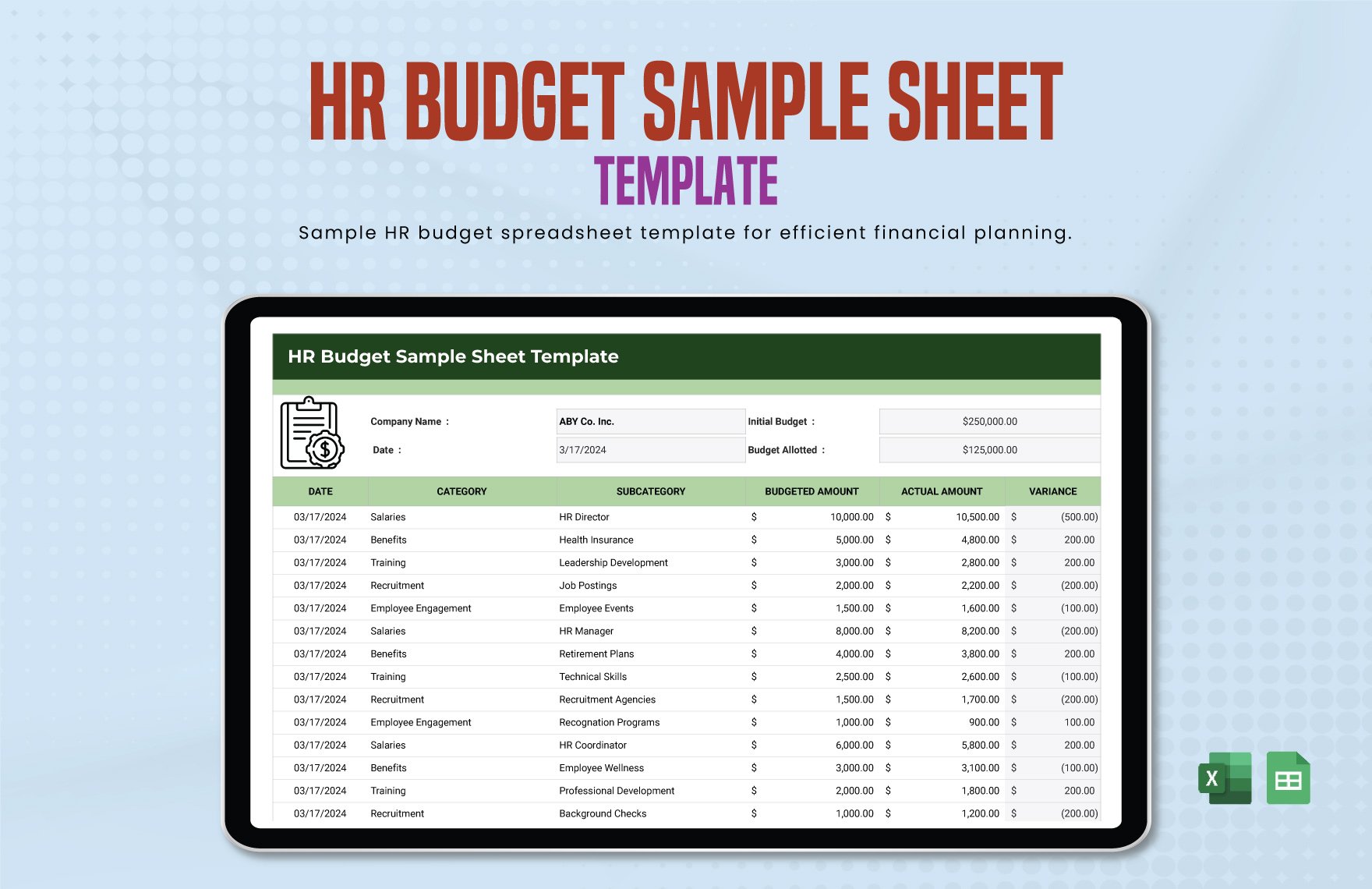 HR Budget Sample Sheet Template