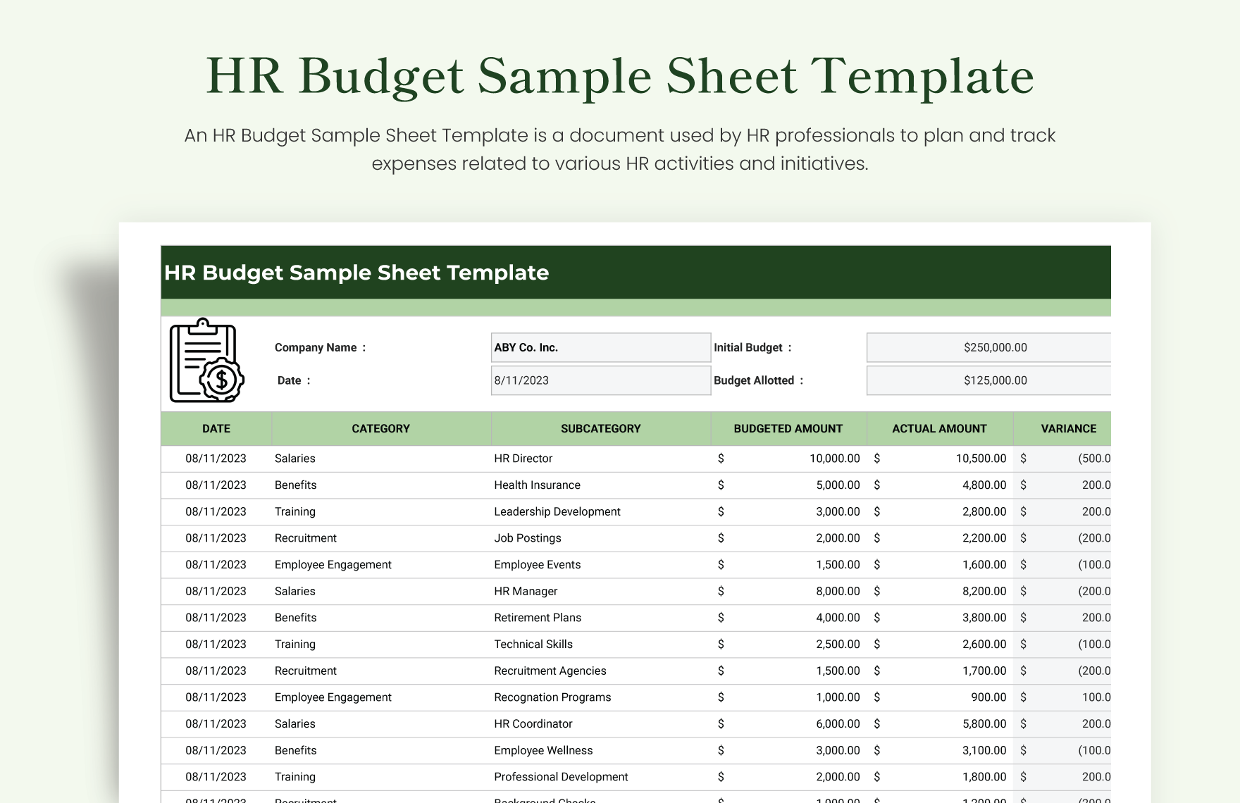 HR Budget Sample Sheet Template