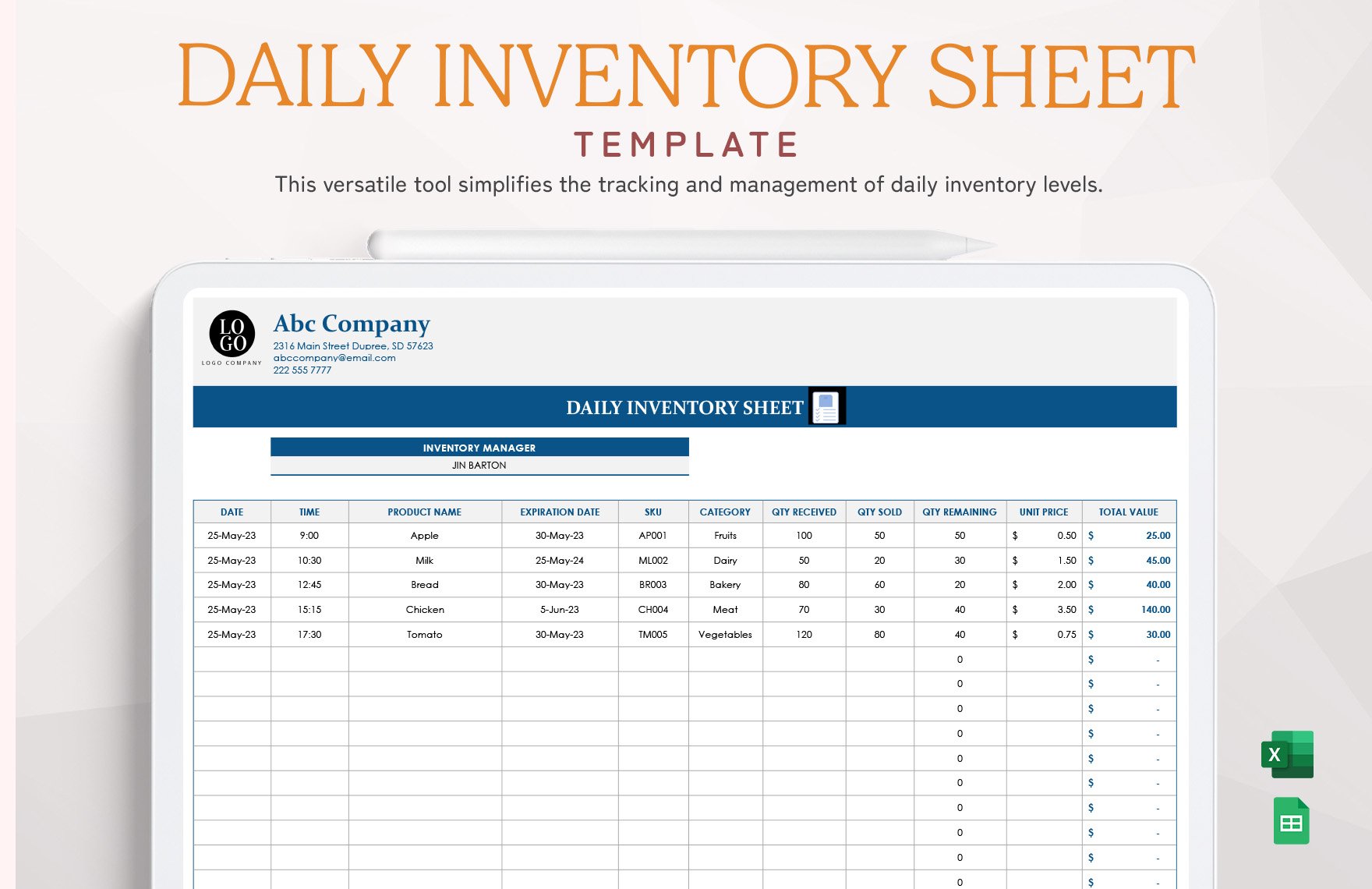 Daily Inventory Sheet Template in Excel, Google Sheets