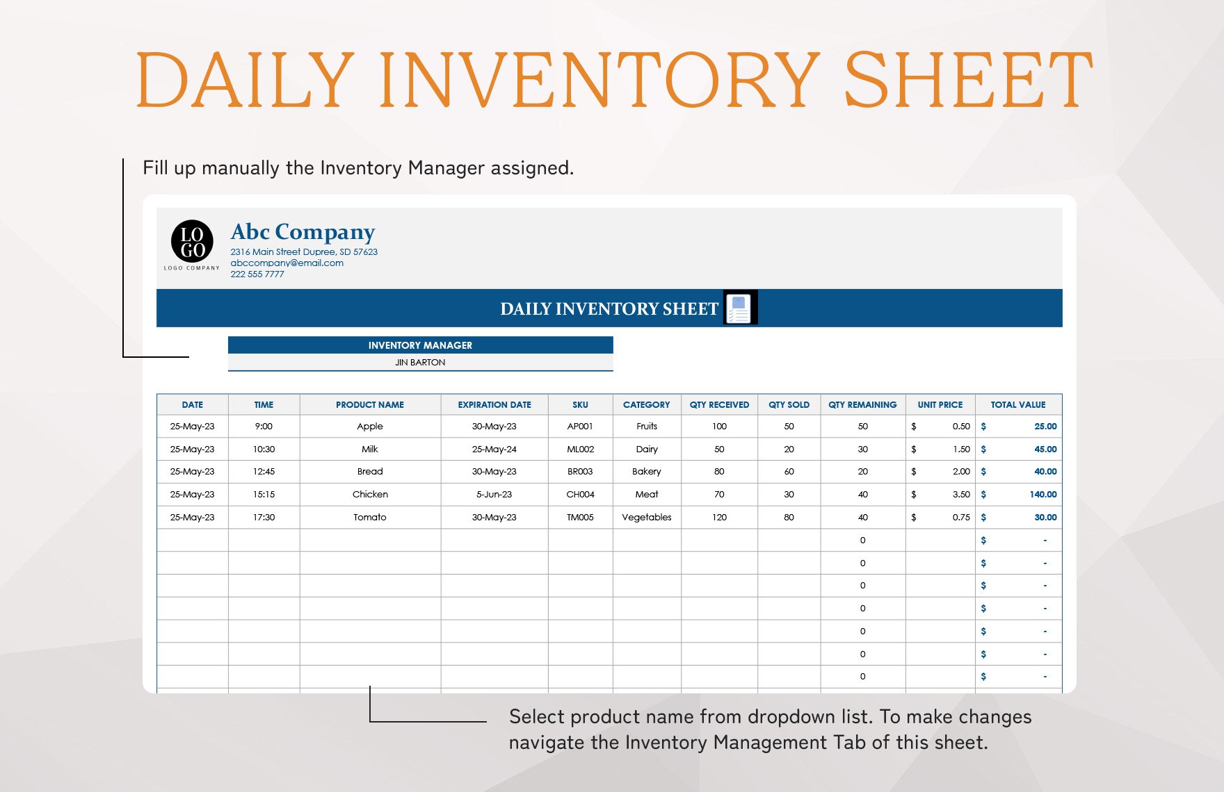 Daily Inventory Sheet Template
