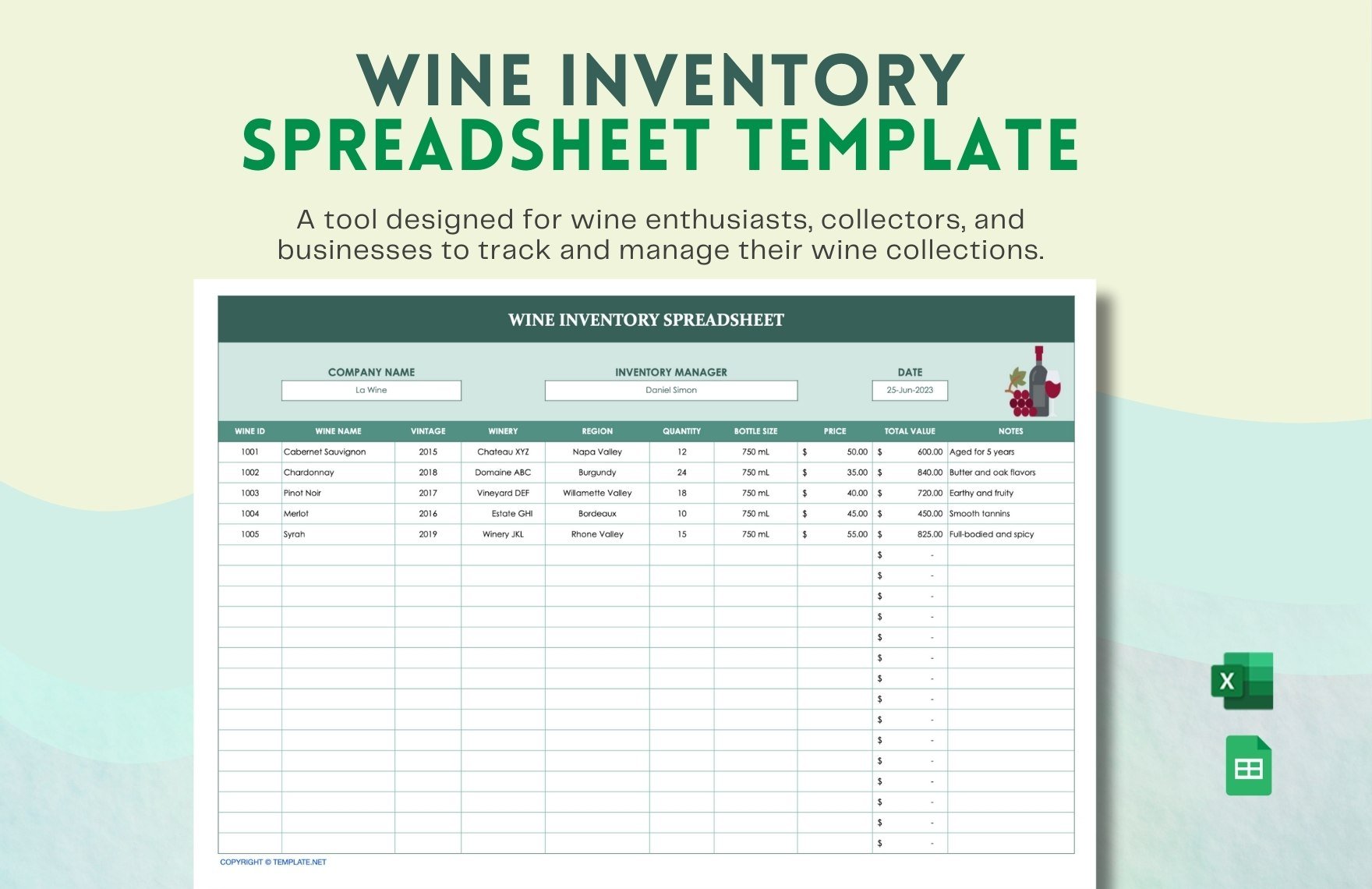 Wine Inventory Spreadsheet Template in Excel, Google Sheets