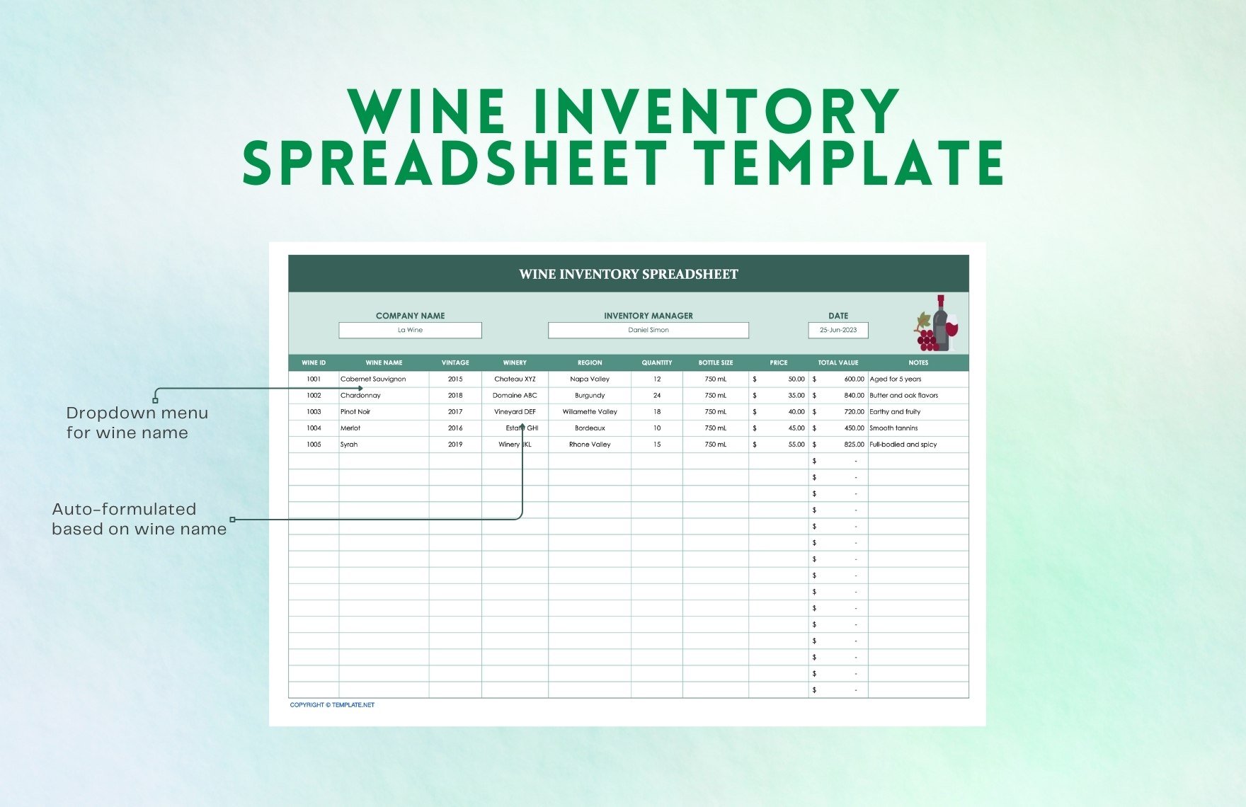 Wine Inventory Spreadsheet Template
