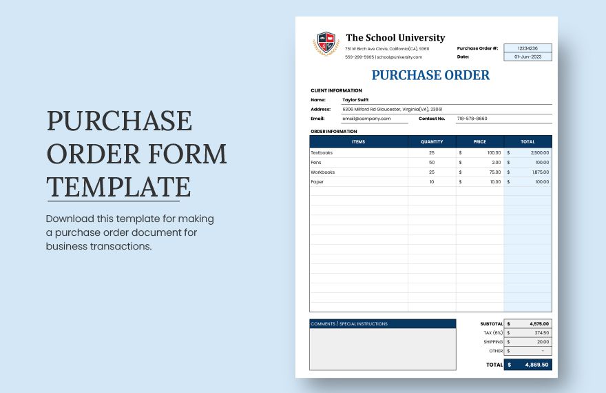 Purchase Order Form Template - Google Sheets, Excel | Template.net