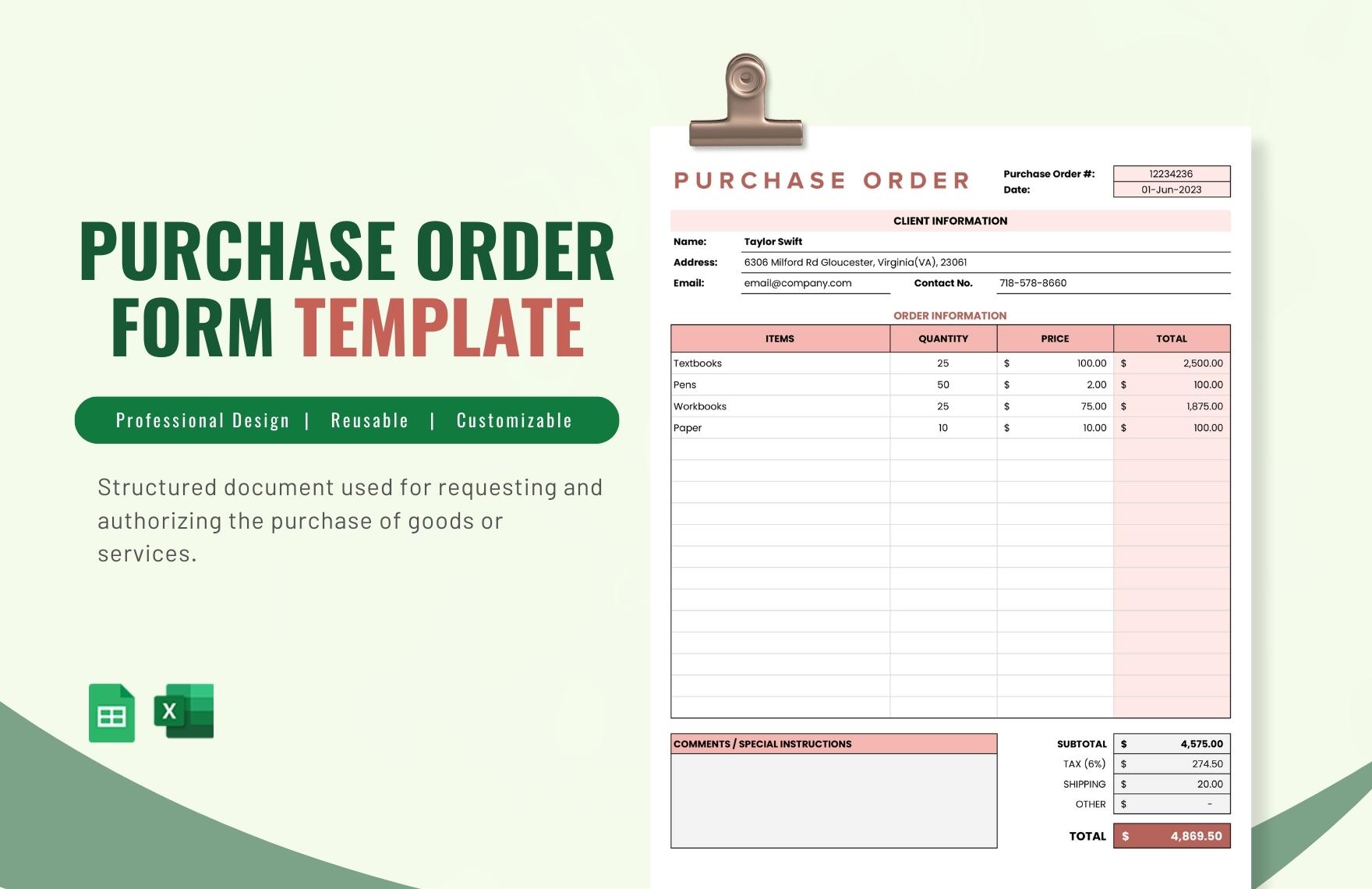 Purchase Order Form Template - Download in Excel, Google Sheets ...