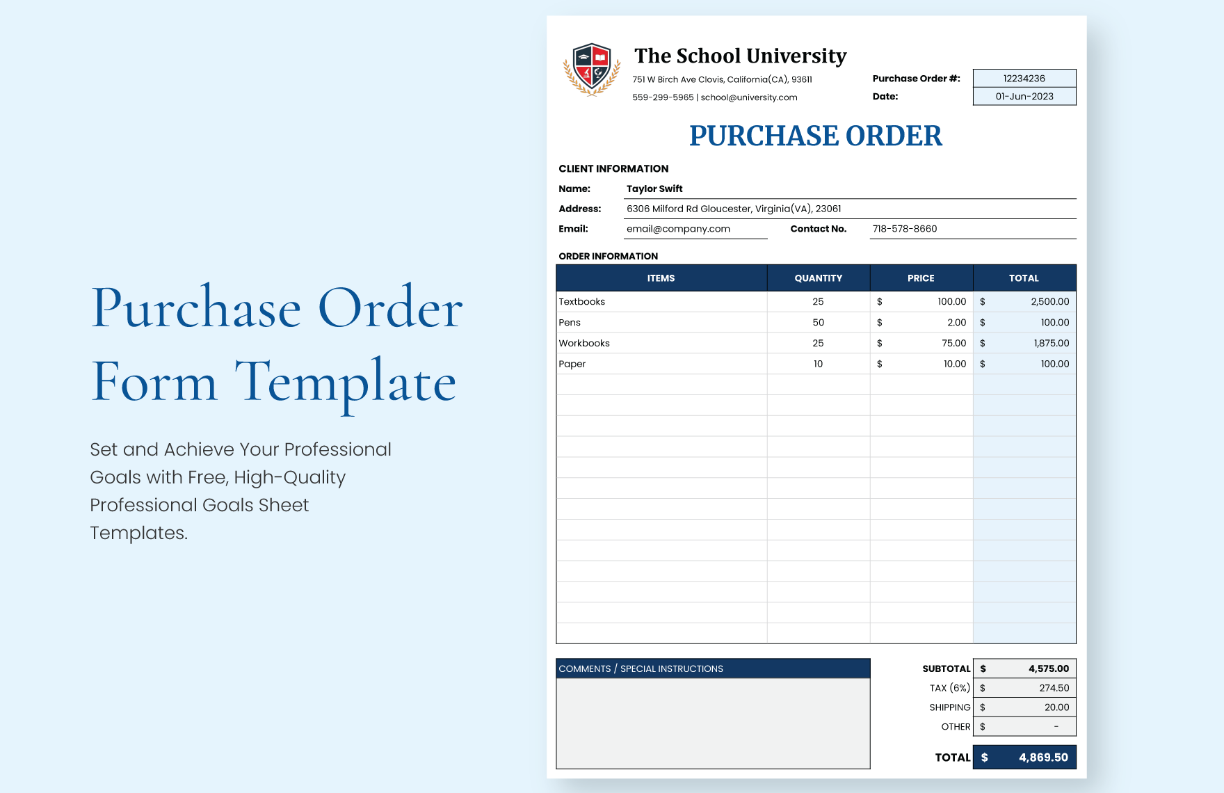 Purchase Order Form Template - Download in Excel, Google Sheets ...