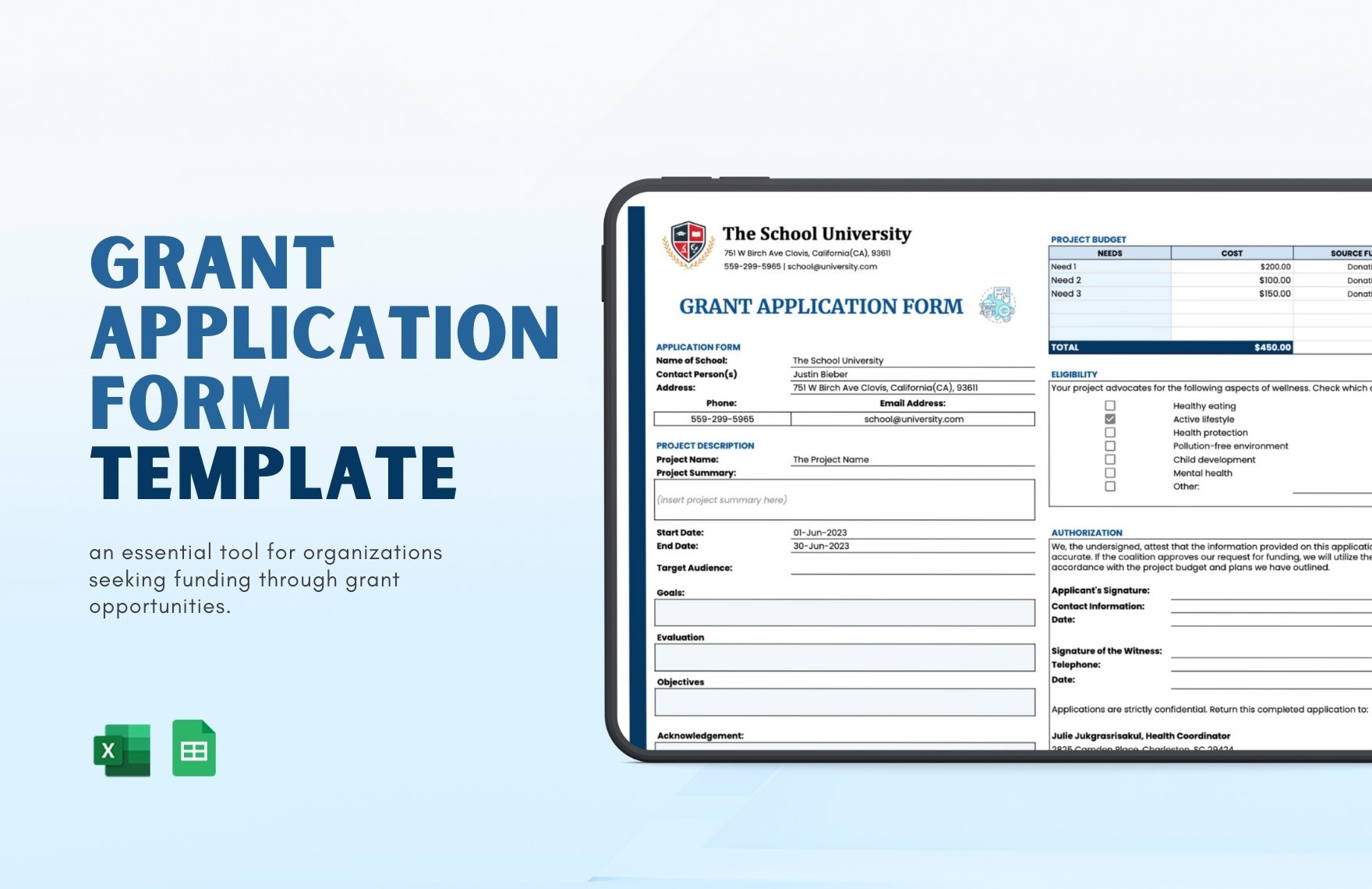 Grant Application Form Template in Excel, Google Sheets