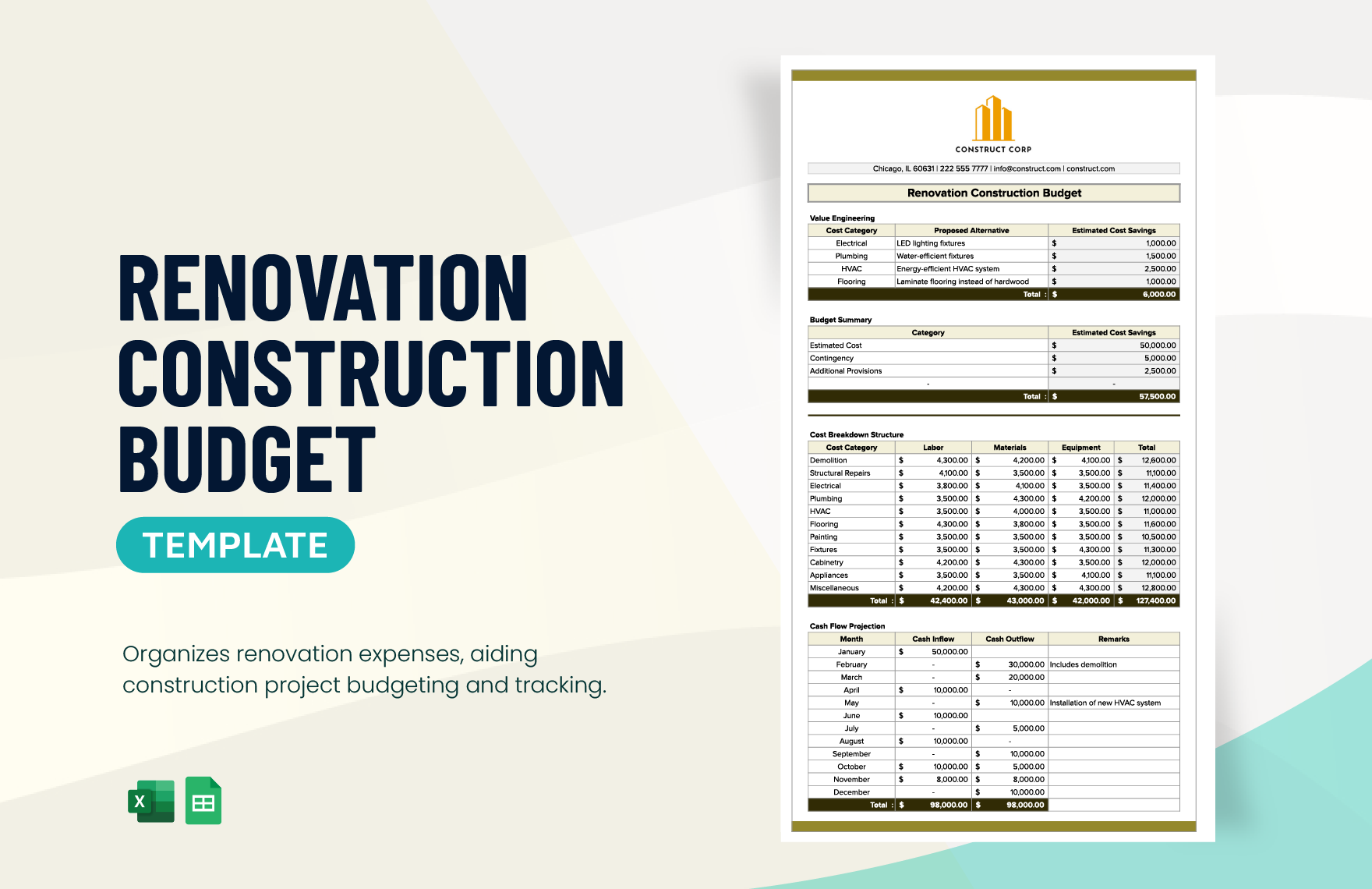 Renovation Construction Budget in Excel, Google Sheets