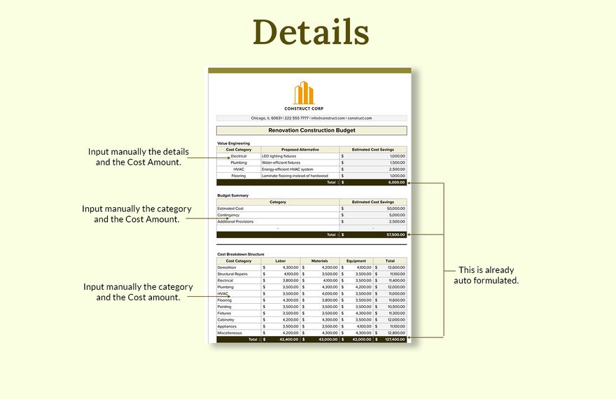 Renovation Construction Budget - Download in Excel, Google Sheets ...