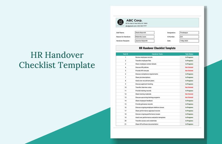 HR Handover Checklist  Template in Excel, Google Sheets