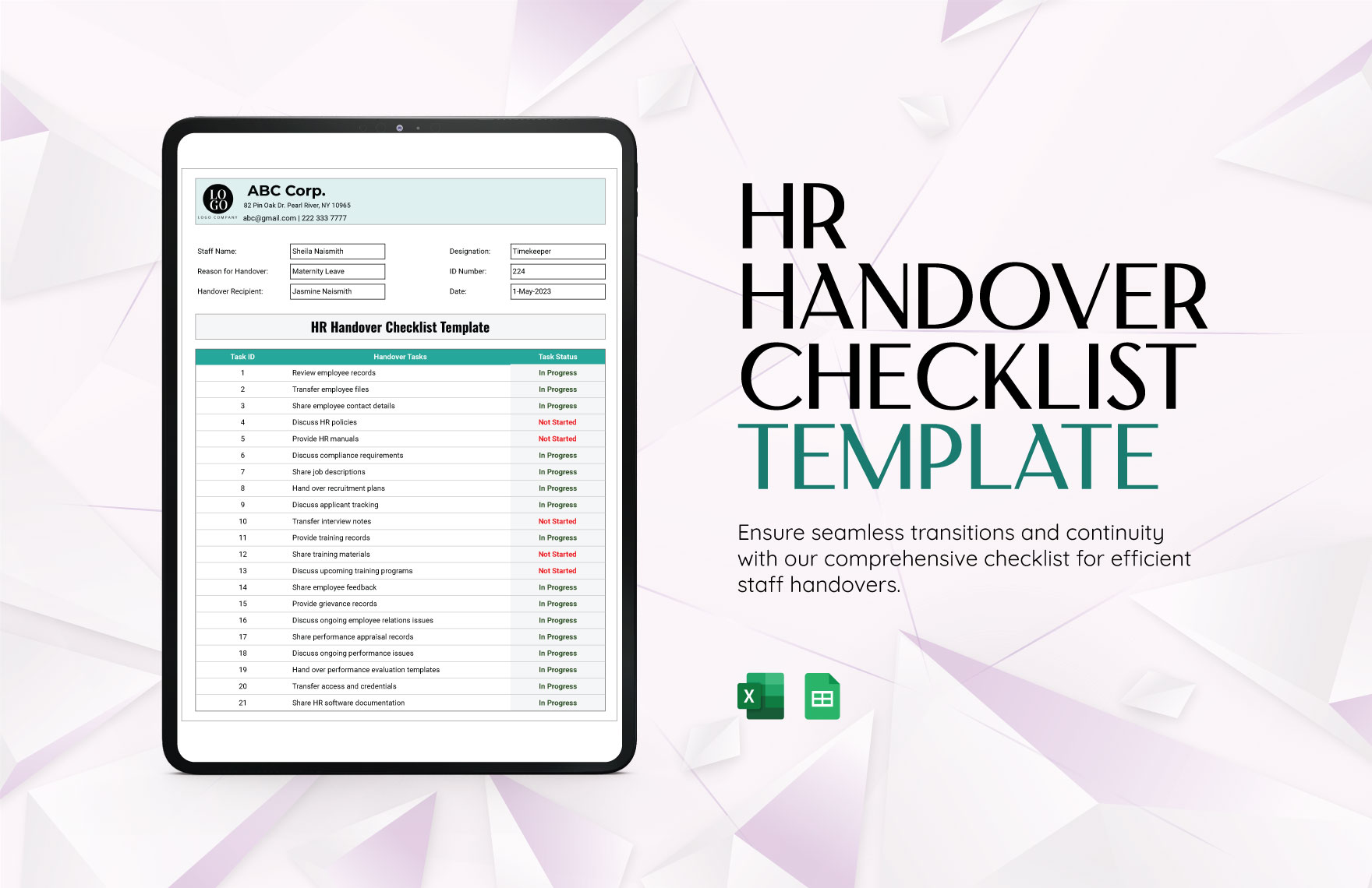 HR Handover Checklist  Template in Excel, Google Sheets