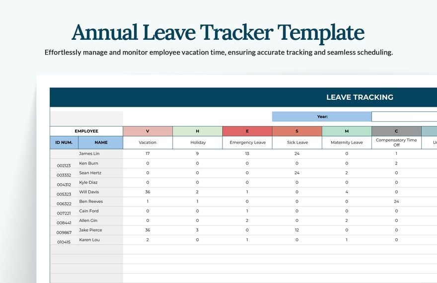 Annual Leave Tracker Template Google Sheets, Excel