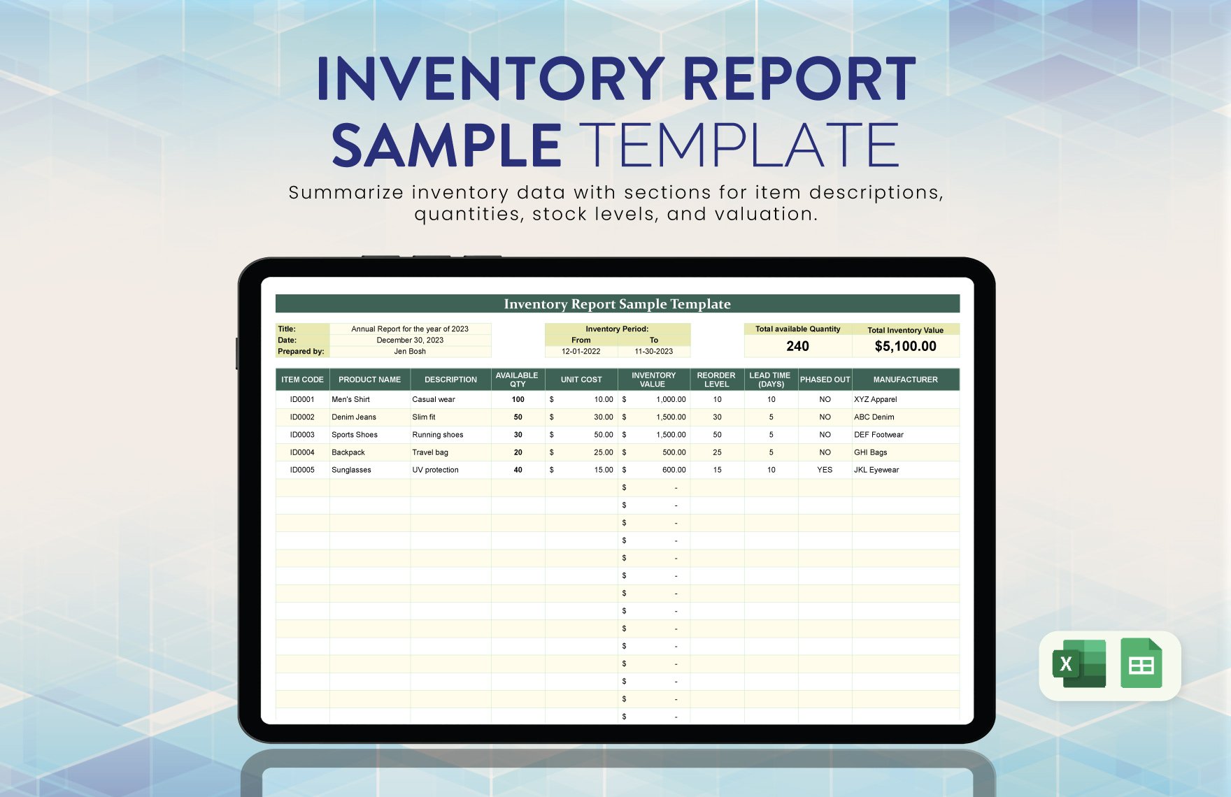 Inventory Report Sample Template in Excel, Google Sheets