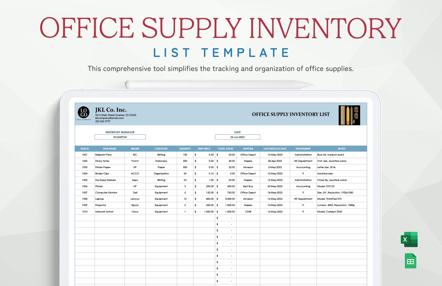Free Office Supply Inventory List Template in Excel, Google Sheets