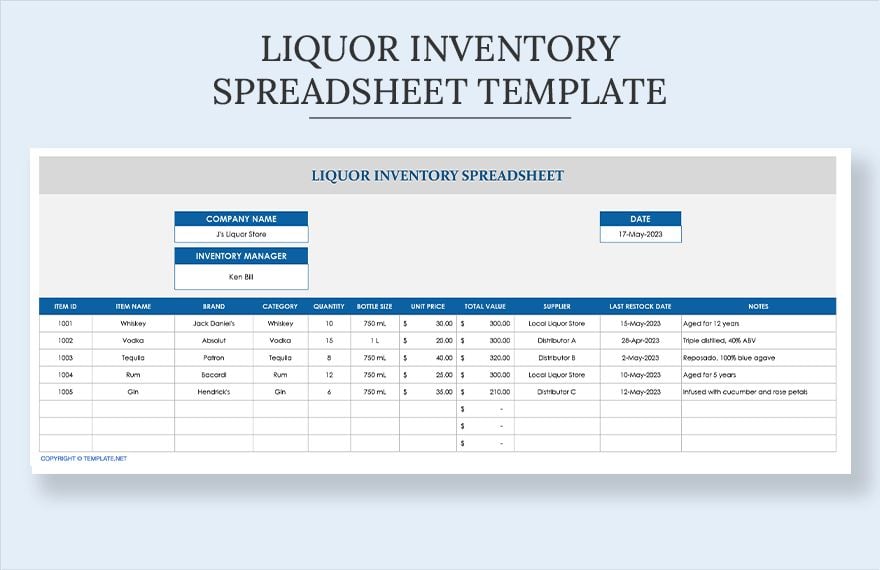 Liquor Inventory Spreadsheet Template in Excel, Google Sheets