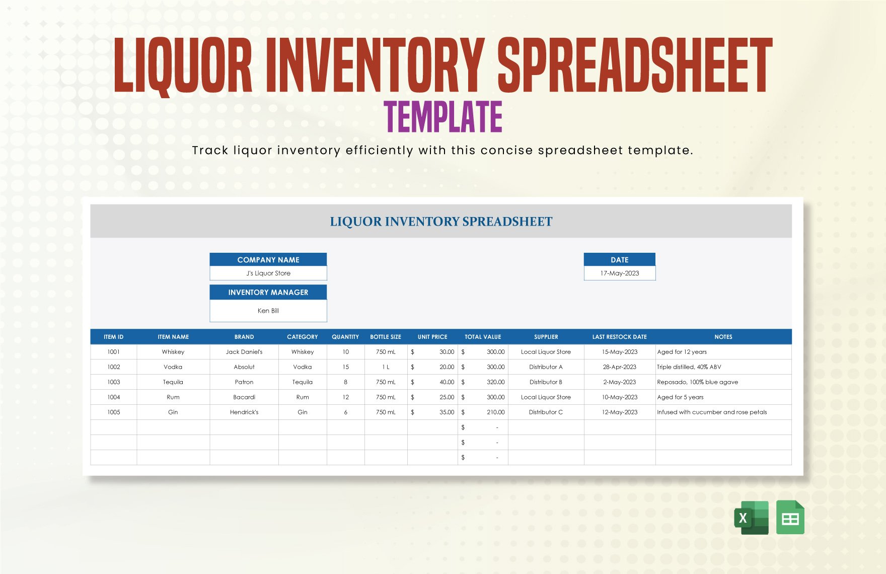 Liquor Inventory Spreadsheet Template in Excel, Google Sheets