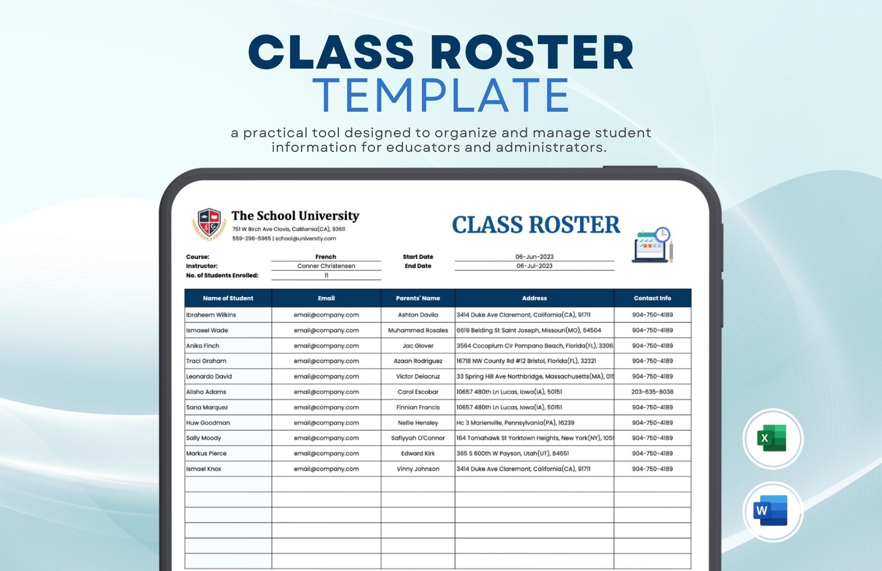 Class  Roster Template in Excel, Google Sheets