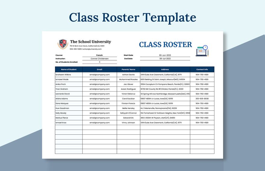 Class  Roster Template in Excel, Google Sheets - Download | Template.net