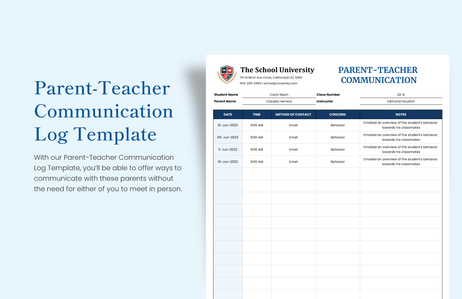 Parent-Teacher Communication Log Template