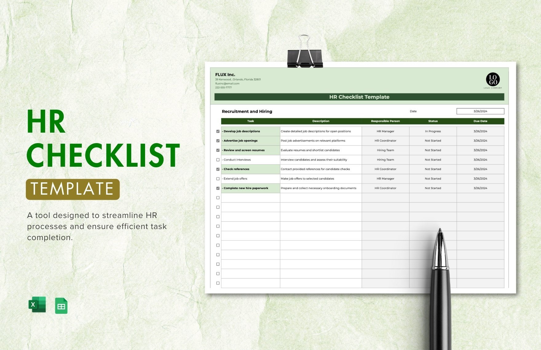 HR Checklist Template in Excel, Google Sheets