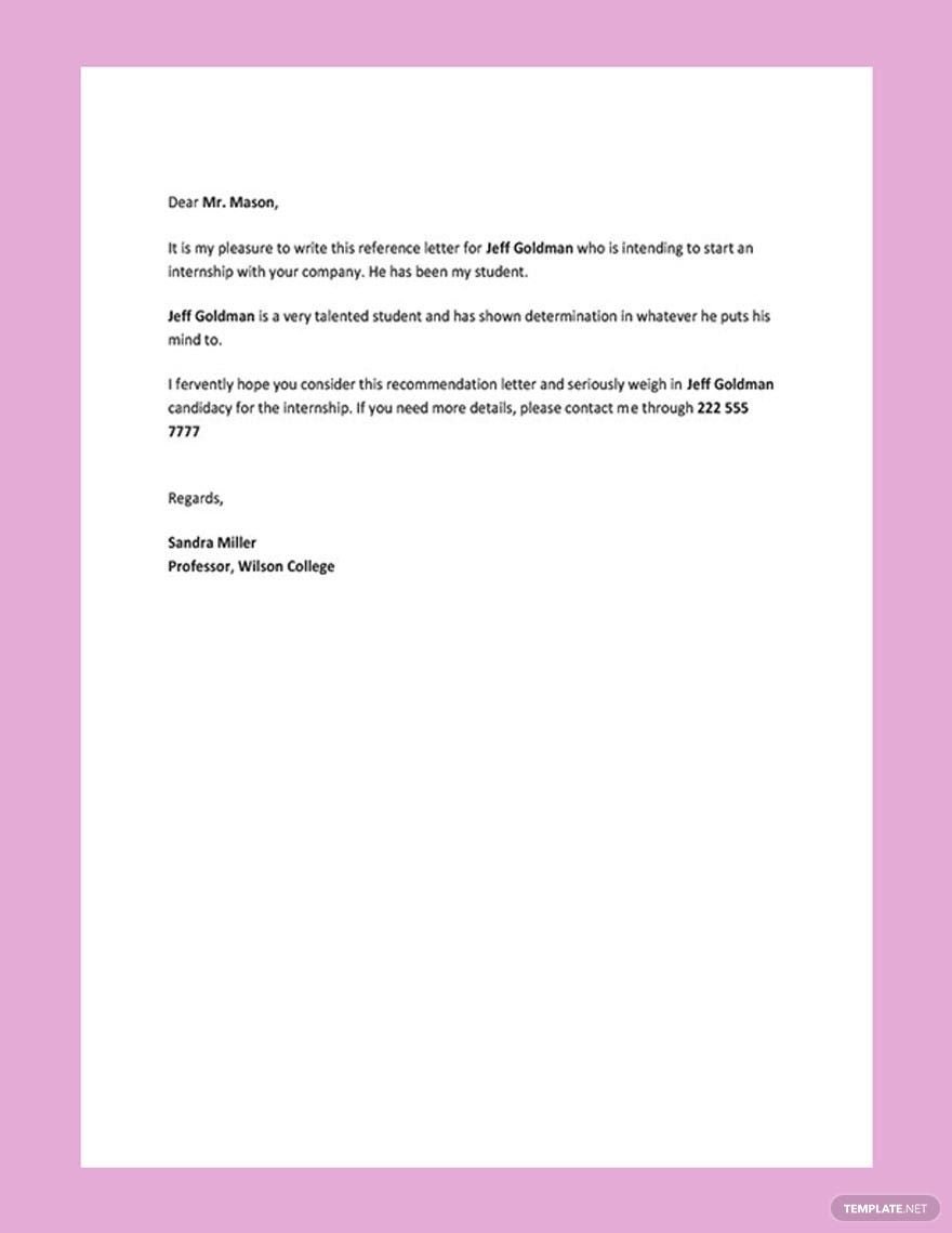 Internship Reference Letter Template