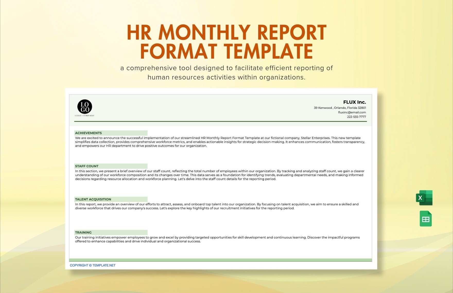 HR Monthly Report Format Template in Excel, Google Sheets