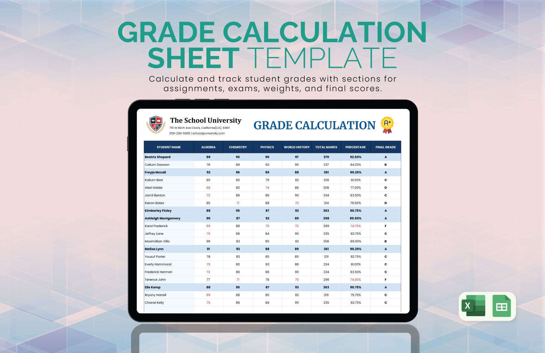 Grade Calculation Sheet Template in Excel, Google Sheets