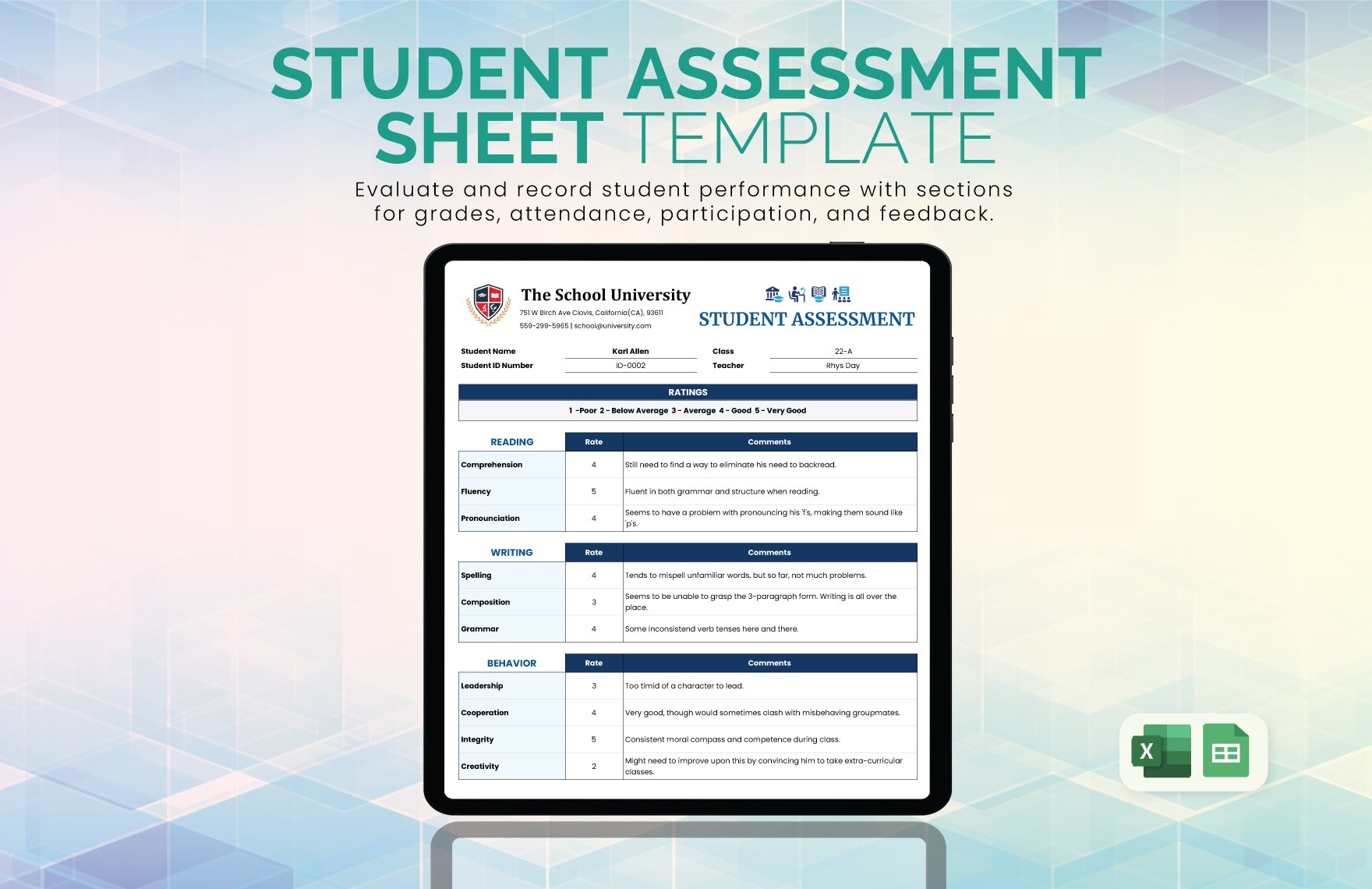Student Assessment Sheet Template in Excel, Google Sheets